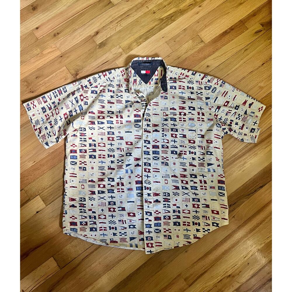 Tommy Hilfiger Mens Vintage 90s Sailing Flags Button Down Shirt Size XL